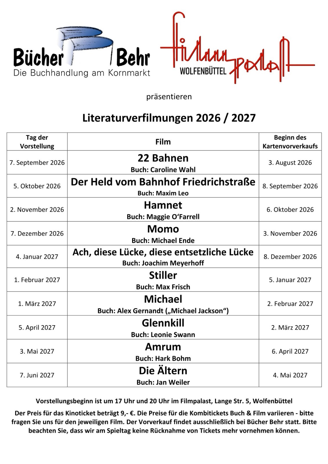 Zu sehen sind die Logos der beiden Veranstalter, Bücher Behr und Filmpalast, außerdem sind die kommenden Literaturverfilmungen aufgelistet